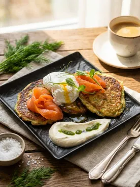 Оладьи из цукини с семгой и яйцом пашот